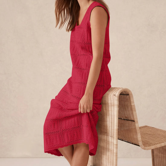 Fisoew Women's Red Boho Knit Sleeveless Dress - Fisoew