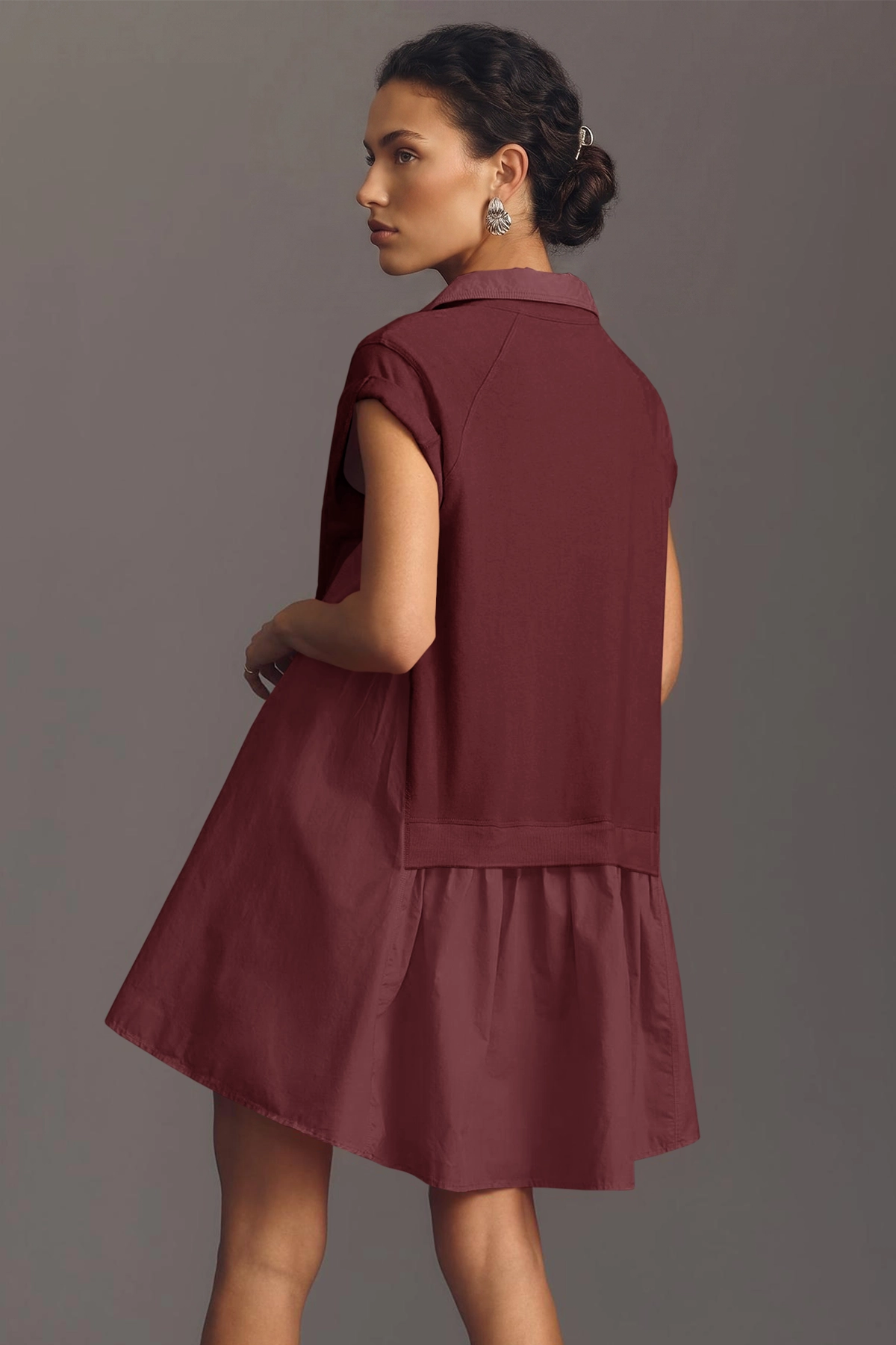 Fisoew Women's Burgundy Oversized Patchwork Mini Dress - Fisoew