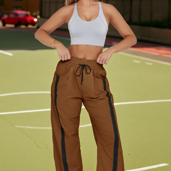 Women's Camel Drawstring Elastic Contrast Color Pants Fisoew - Fisoew