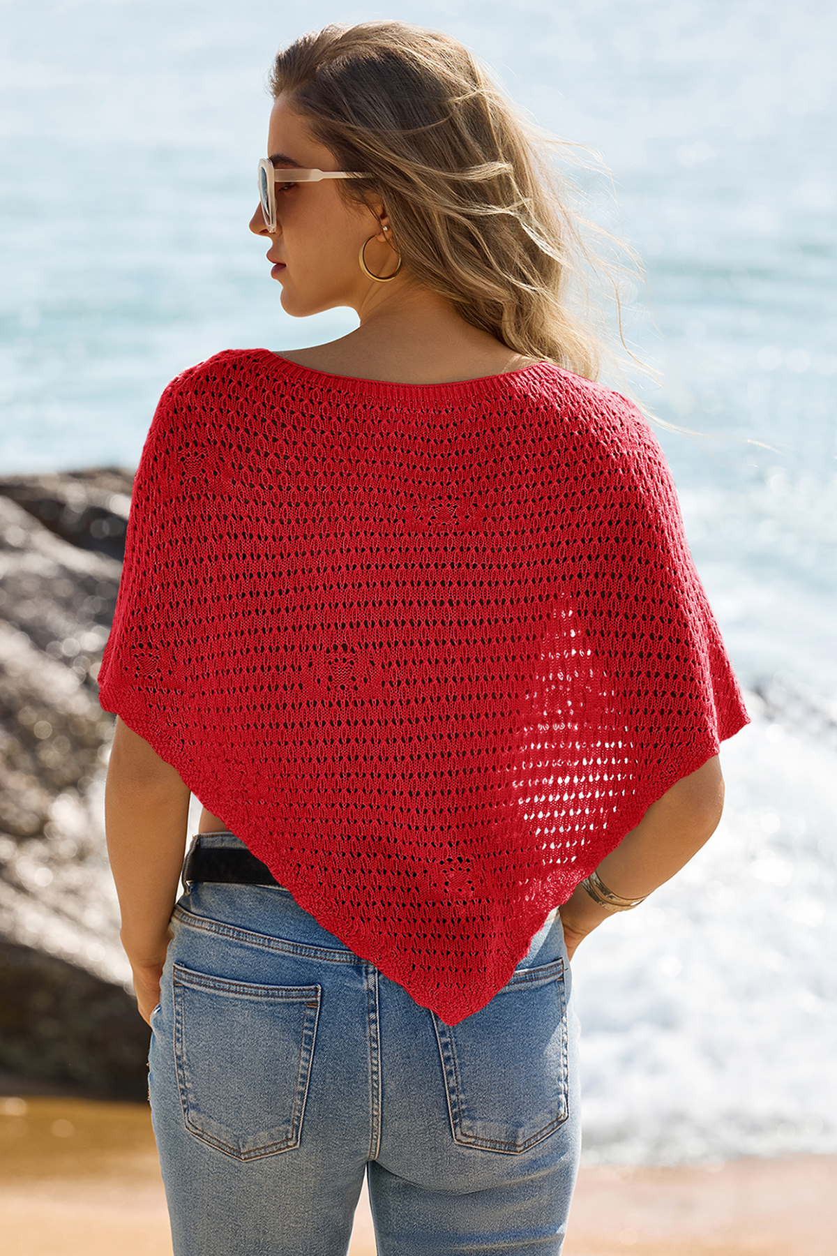 Fisoew Women's Red Sheer Shawl Boho Crochet Cover Ups - Fisoew