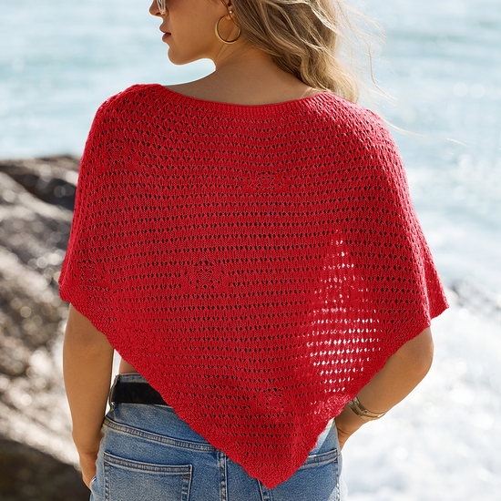 Fisoew Women's Red Sheer Shawl Boho Crochet Cover Ups - Fisoew