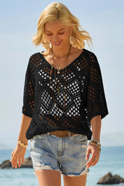 Womens Black Summer Short Sleeve Crochet Swimsuit Fisoew