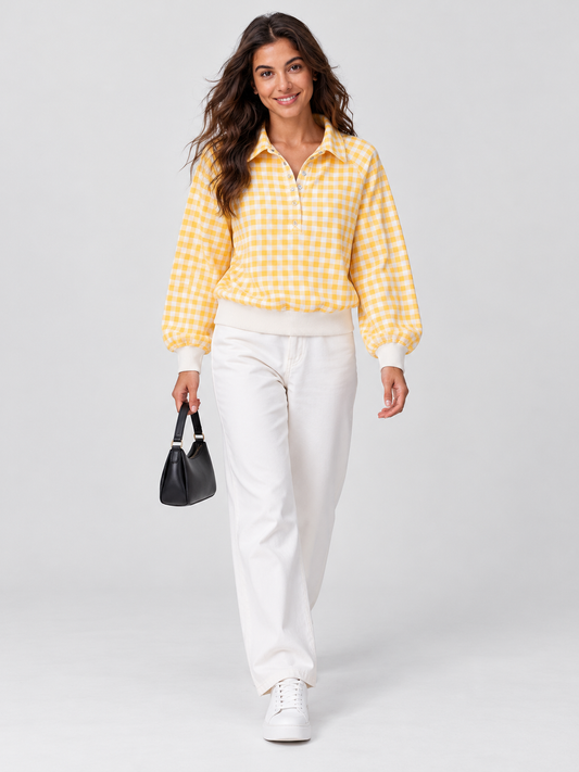Plaid Print Lapel Neck Crop Sweatshirts