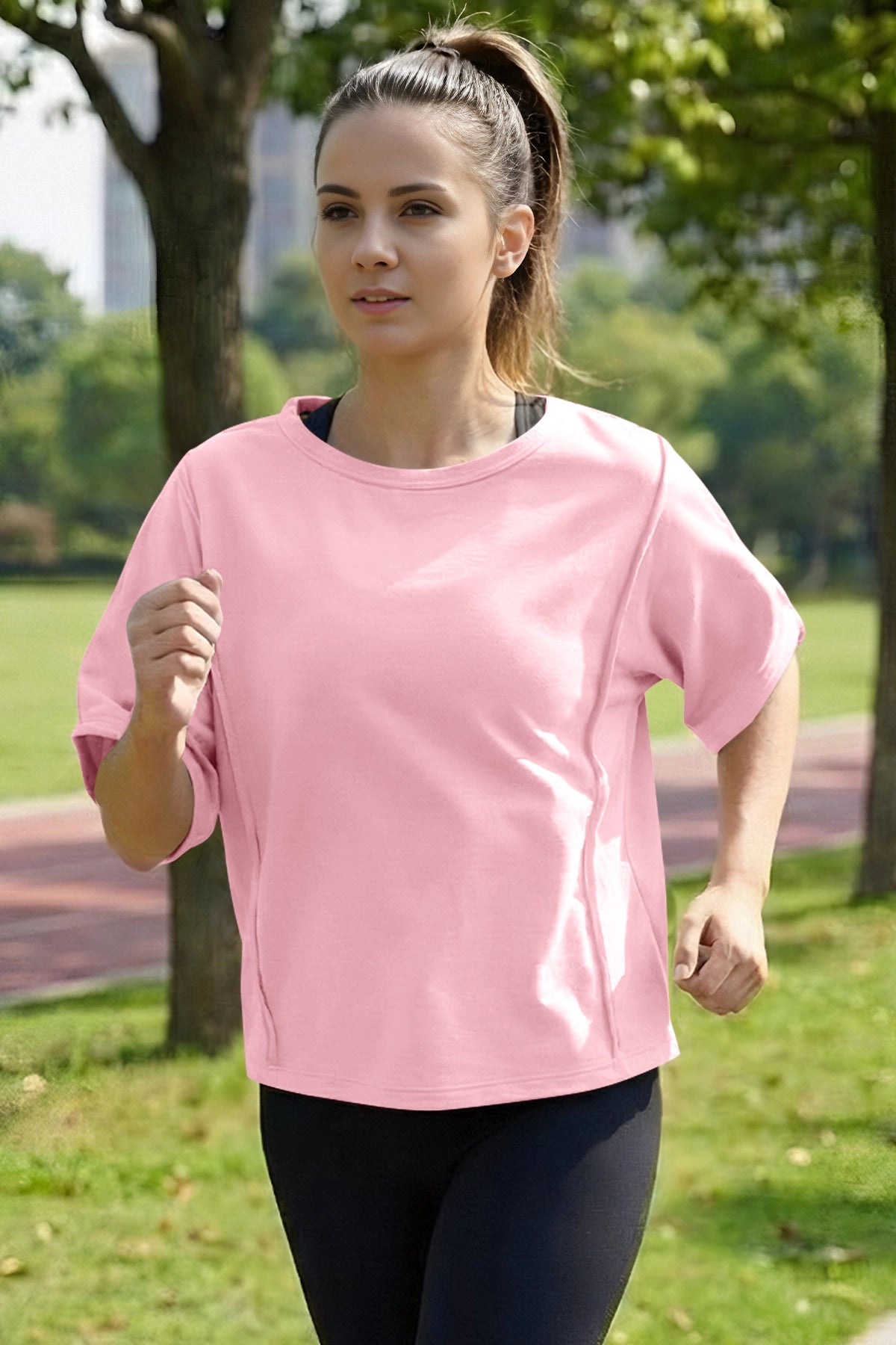 Fisoew Women's Pink Oversized Crop Tops Summer T-Shirt - Fisoew