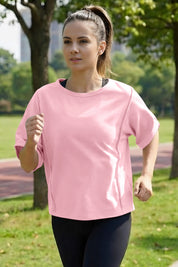 Fisoew Women's Pink Oversized Crop Tops Summer T-Shirt - Fisoew