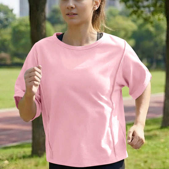 Fisoew Women's Pink Oversized Crop Tops Summer T-Shirt - Fisoew