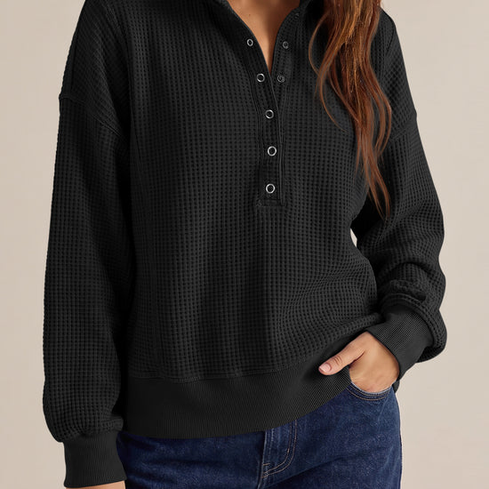 Waffle Knit Button Henley Pullover Sweatshirt - Fisoew