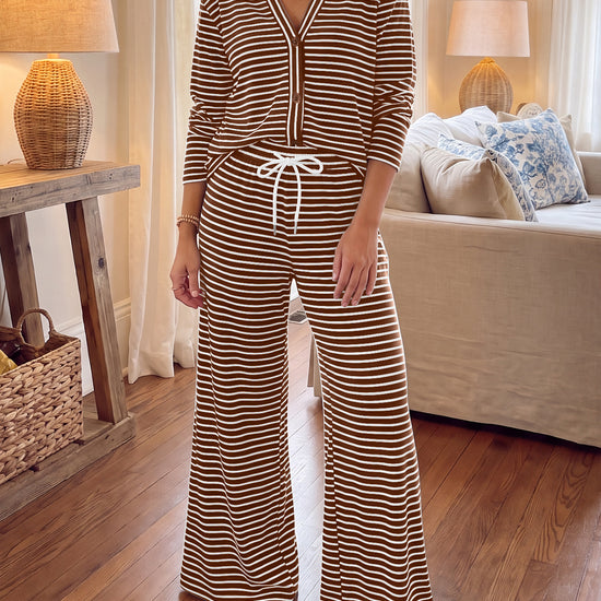 Striped Cardigan With Drawstring Pant Sets - Fisoew