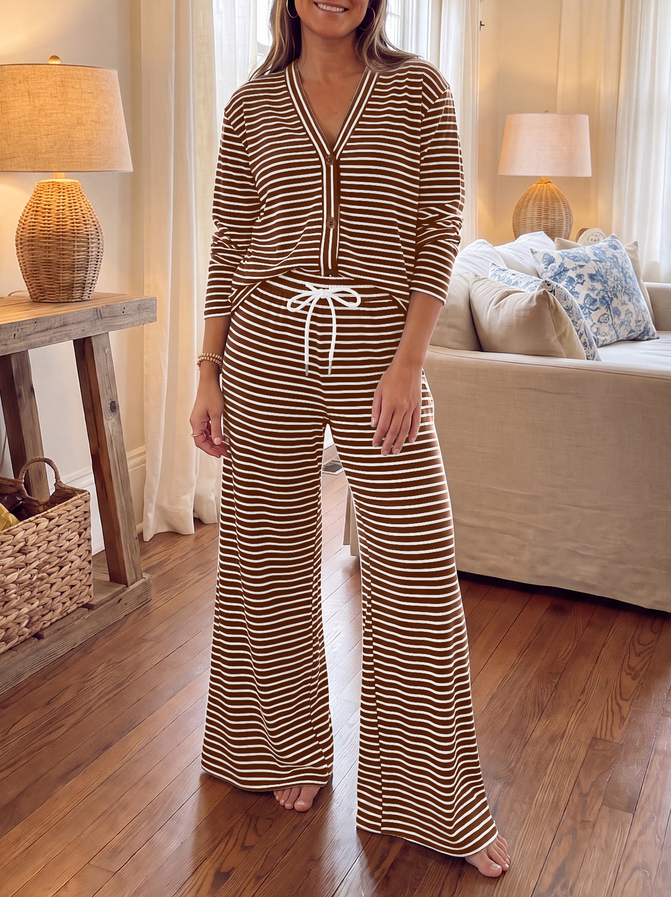 Striped Cardigan With Drawstring Pant Sets - Fisoew