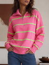 Zip Striped Oversized Turtleneck Pullover Top