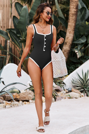 Fisoew Women's Black Vintage Ribbed Slimming One Piece Swimsuit - Fisoew