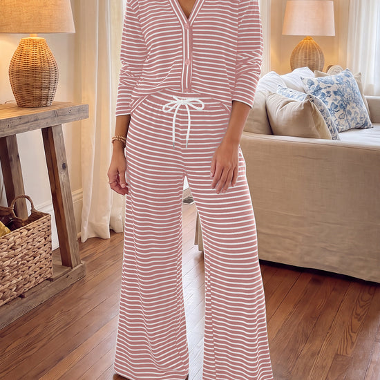 Striped Cardigan With Drawstring Pant Sets - Fisoew