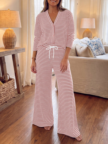 Striped Cardigan With Drawstring Pant Sets - Fisoew