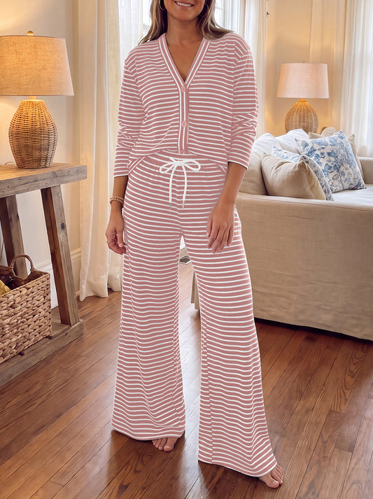 Striped Cardigan With Drawstring Pant Sets - Fisoew