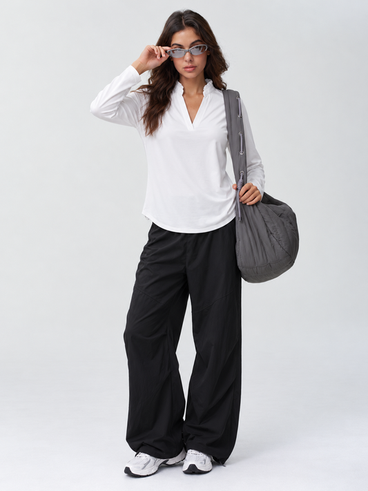 Ruffle V Neck Long Sleeve Shirts