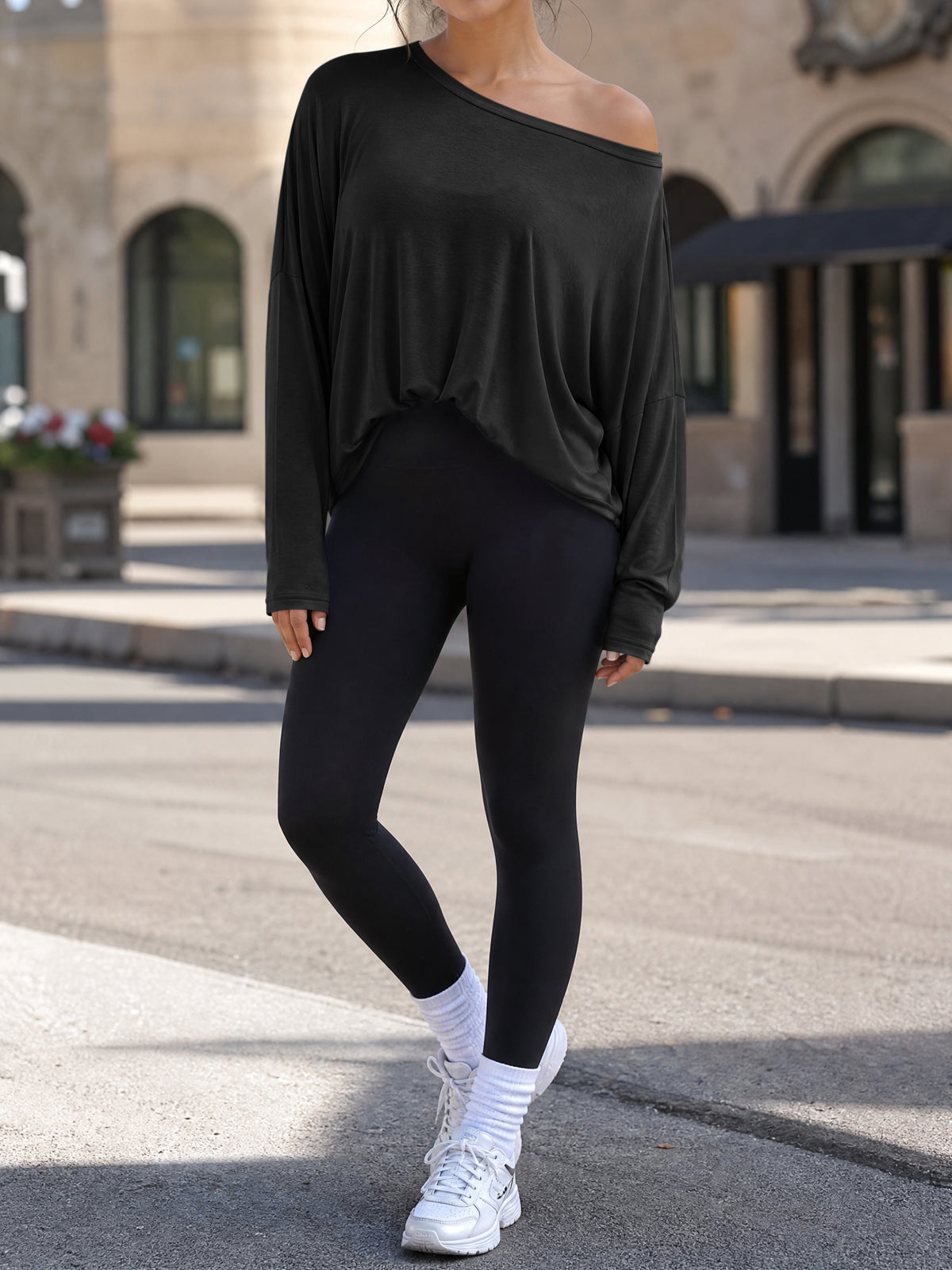 Off Shoulder Solid Long Sleeve T-Shirts - Fisoew