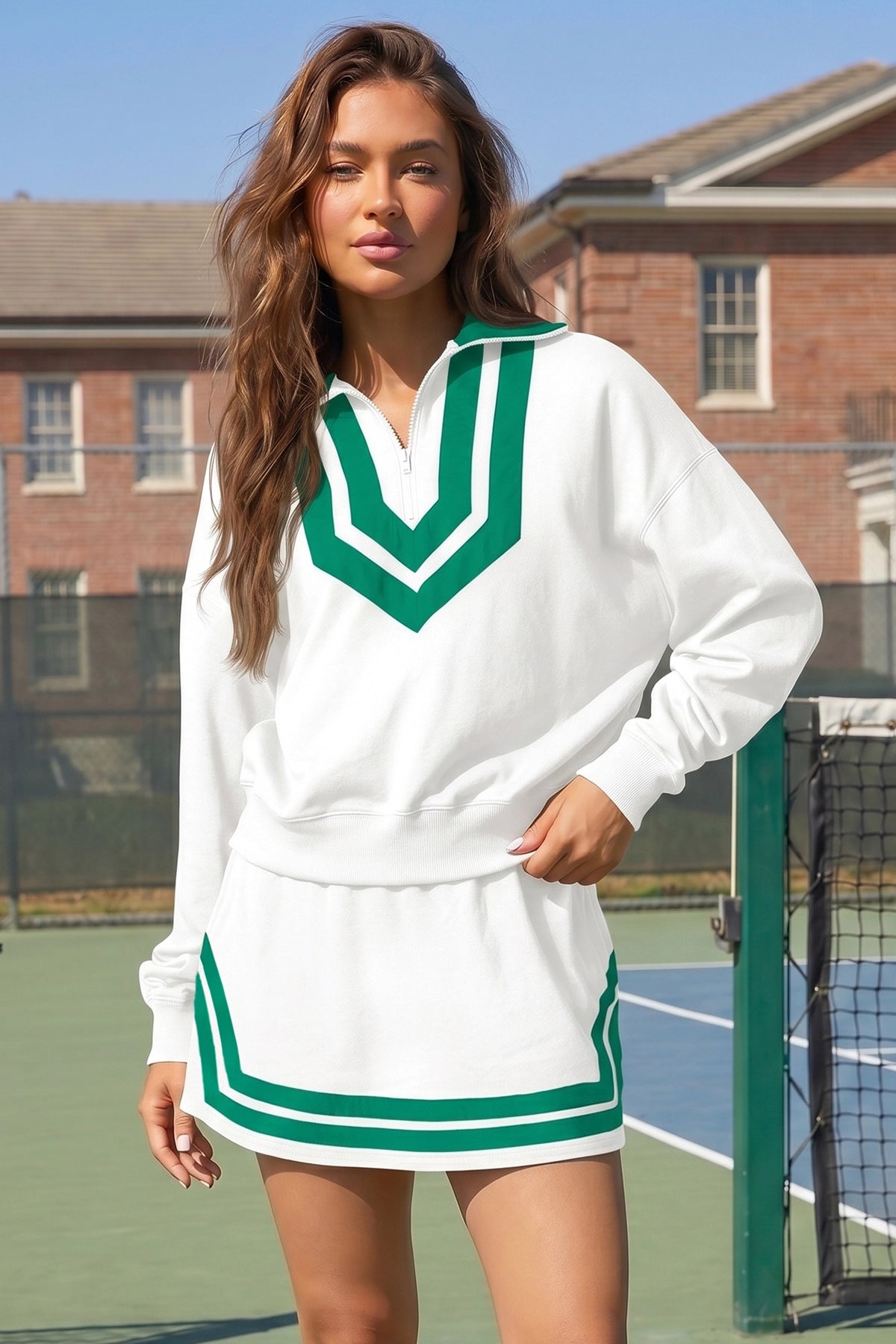 Half Zip Sweatshirt With Skirt Sets - Fisoew