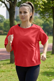 Fisoew Women's Red Oversized Crop Tops Summer T-Shirt - Fisoew