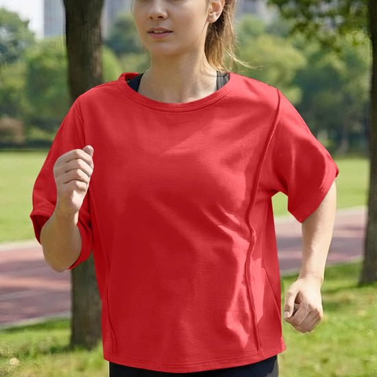 Fisoew Women's Red Oversized Crop Tops Summer T-Shirt - Fisoew