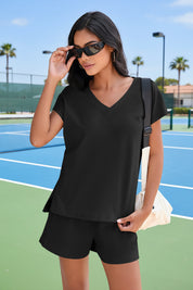 Fisoew Women's Black V Neck 2 Piece Casual Outfits - Fisoew
