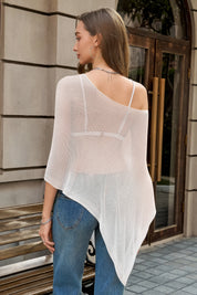 Fisoew Women's White Sheer Lightweight Knit  Poncho Top - Fisoew