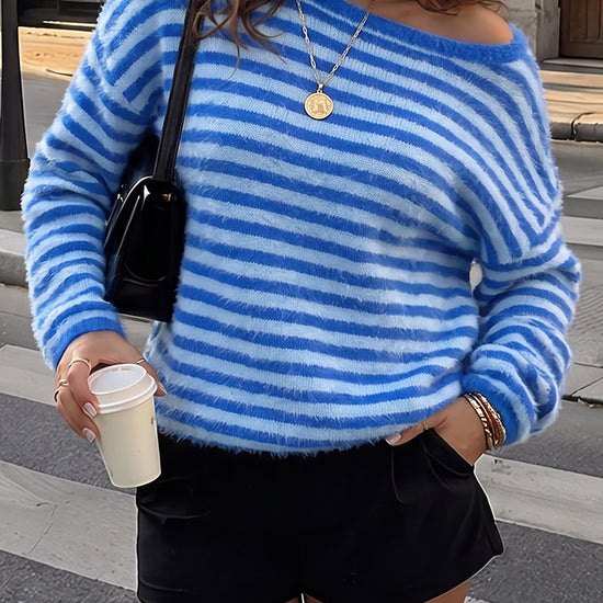 Off Shoulder Striped Knit Pullover - Fisoew