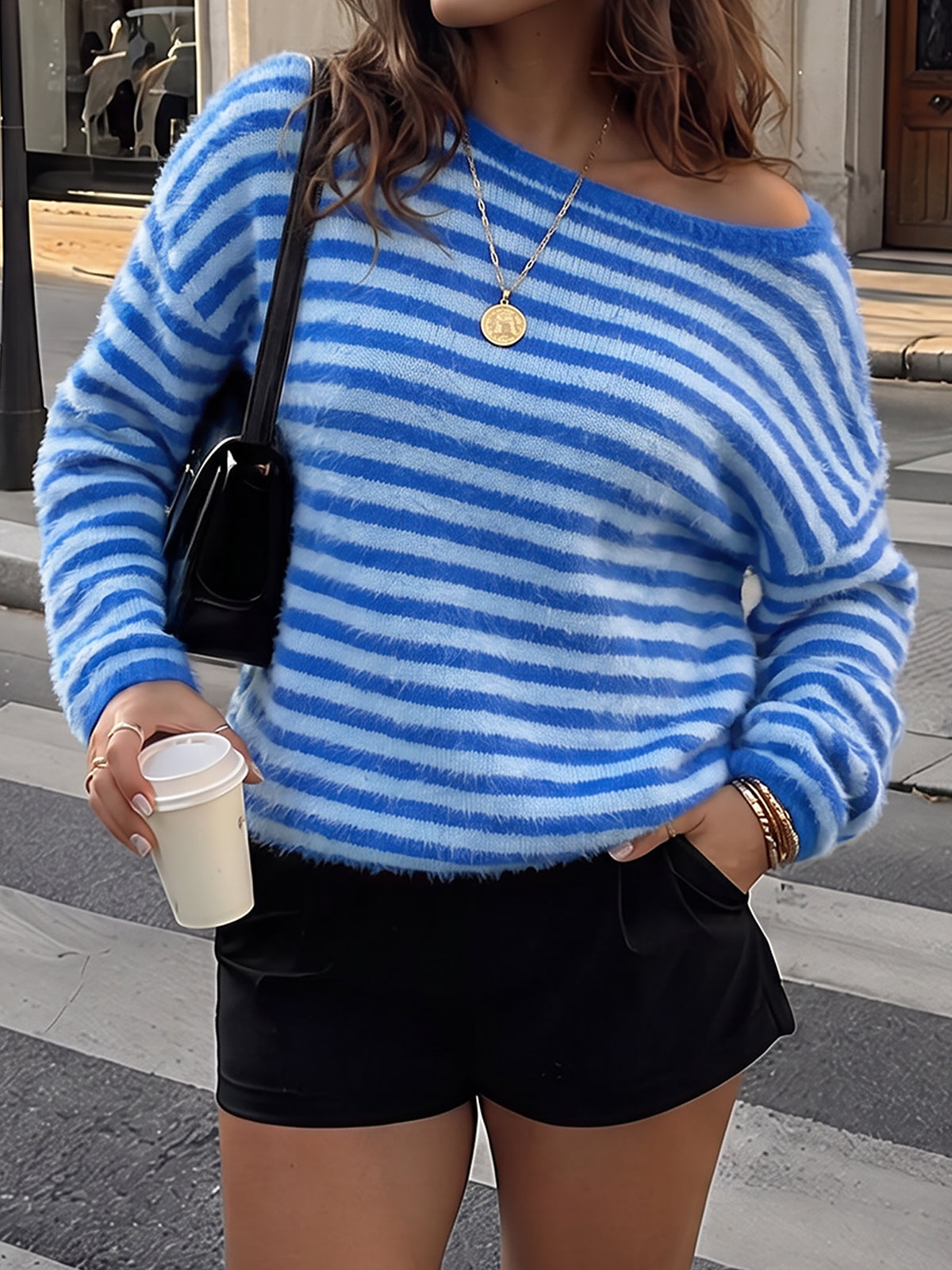 Off Shoulder Striped Knit Pullover - Fisoew