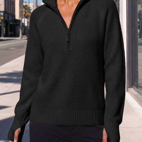 Zip Waffle Knit Long Sleeve Pullover - Fisoew