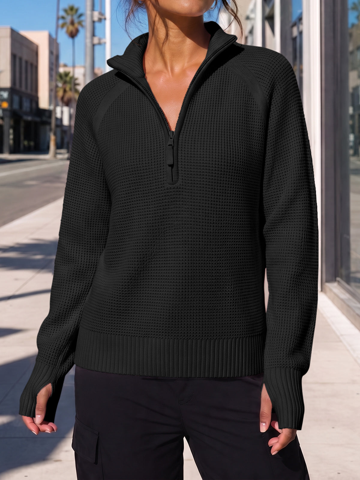 Zip Waffle Knit Long Sleeve Pullover - Fisoew