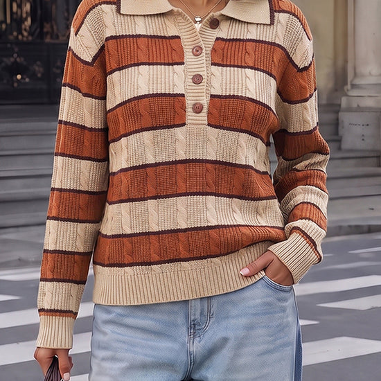 Colorblock Striped Half Button Pullovers - Fisoew
