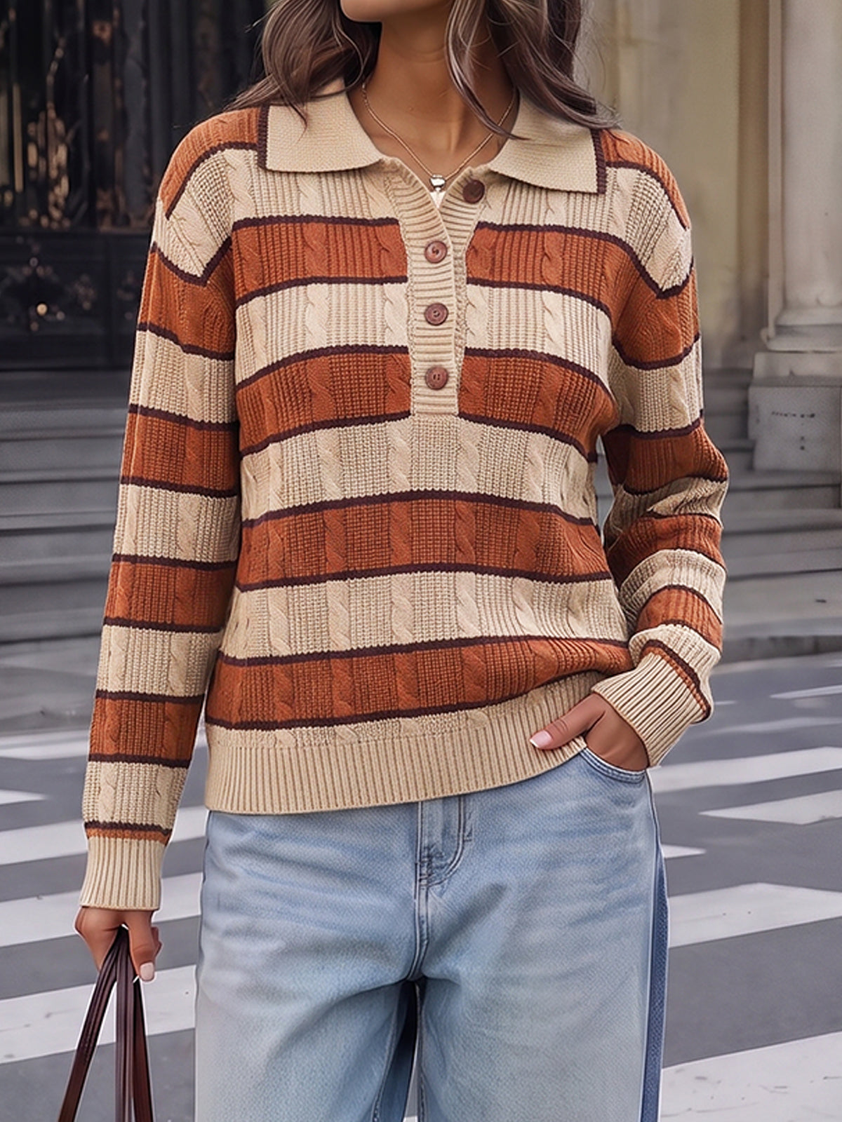 Colorblock Striped Half Button Pullovers - Fisoew