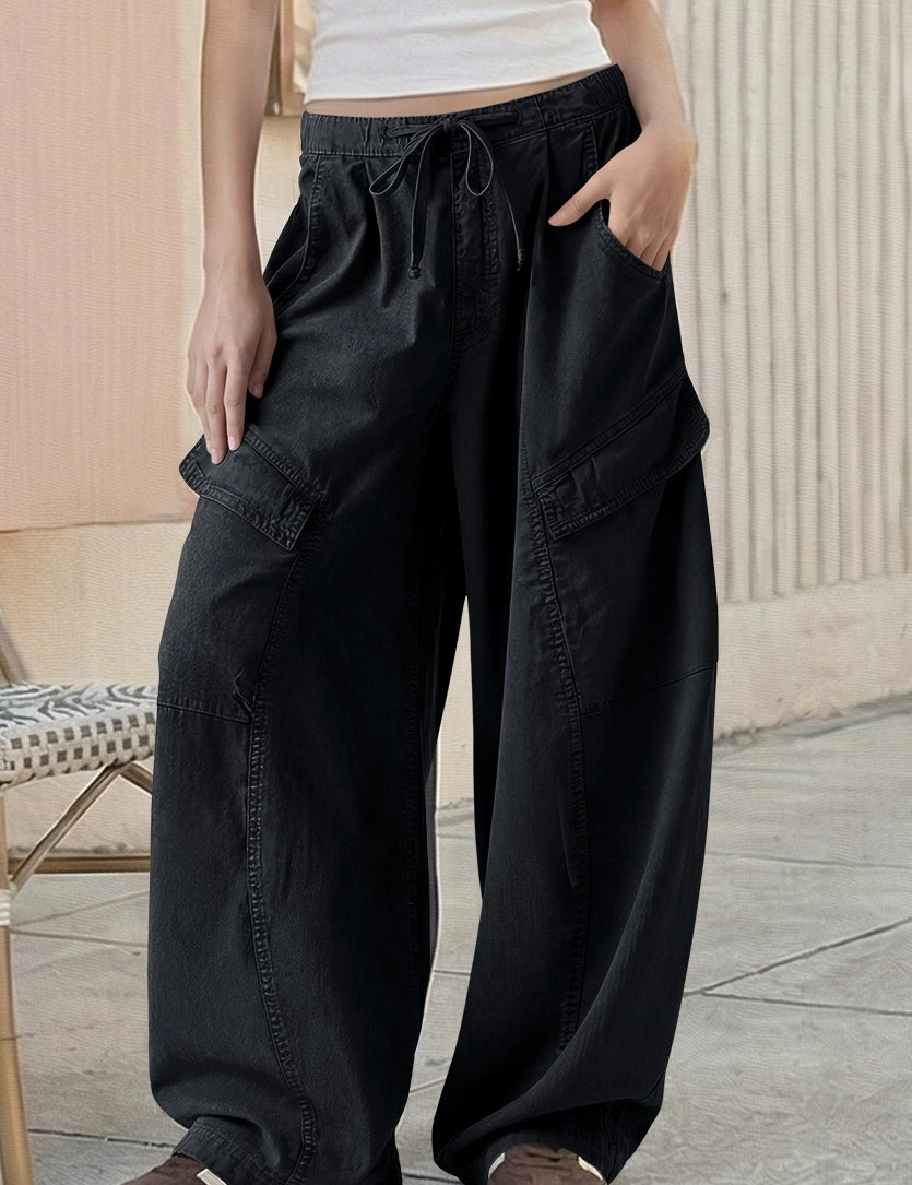 Fisoew Women's Black Barrel Baggy Cargo Pants - Fisoew