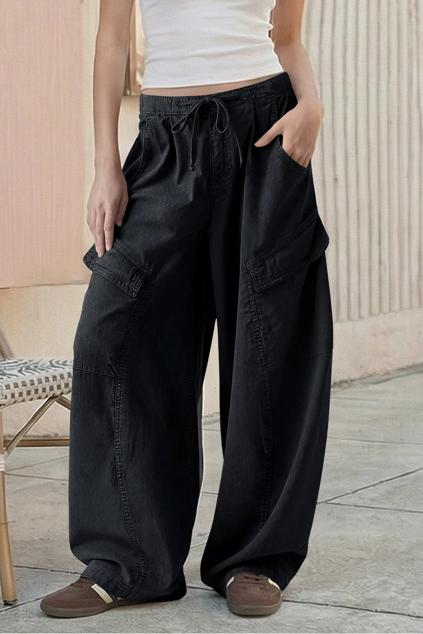 Fisoew Women's Black Barrel Baggy Cargo Pants - Fisoew