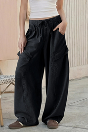 Fisoew Women's Black Barrel Baggy Cargo Pants - Fisoew