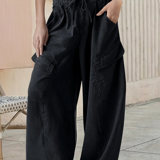 Fisoew Women's Black Barrel Baggy Cargo Pants - Fisoew