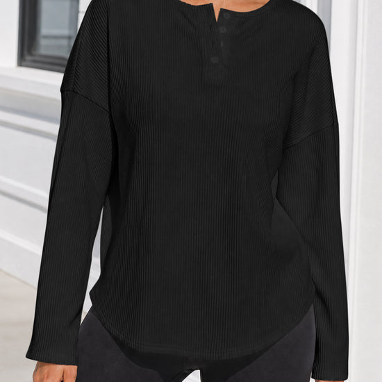 Solid Ribbed Knit Henley Shirts - Fisoew
