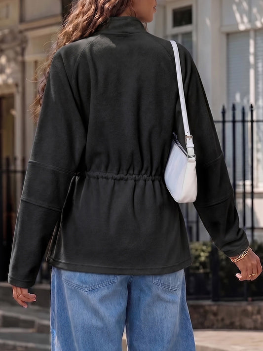 Mock Neck Drawstring Waist Fleece Coats
