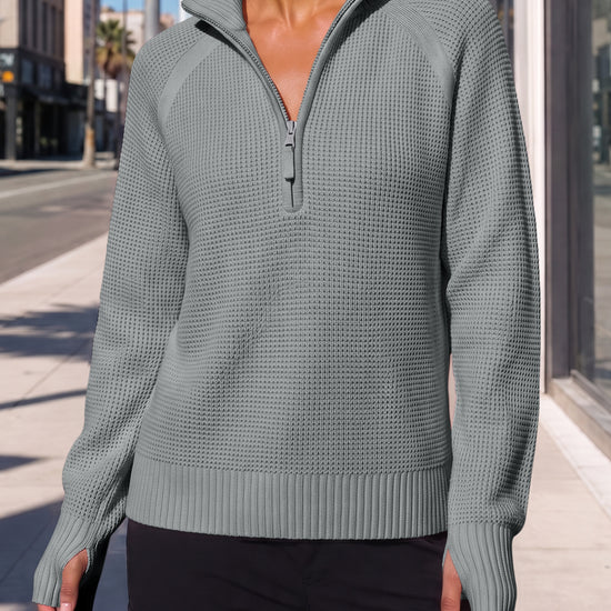 Zip Waffle Knit Long Sleeve Pullover - Fisoew