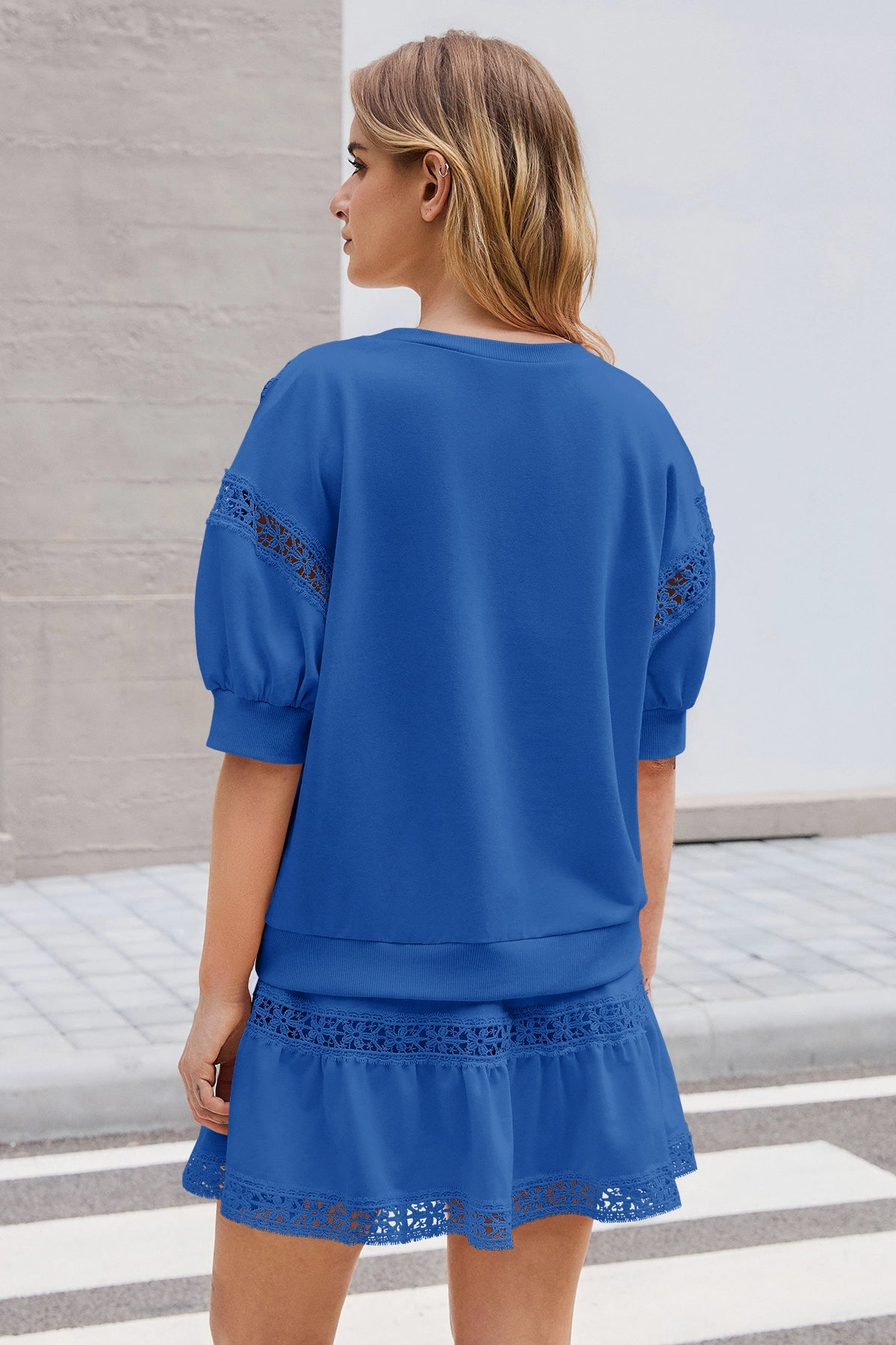 Womens Dark Blue Lace Trim Puff Sleeve Two Piece Skirt Set Fisoew - Fisoew