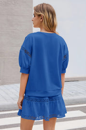 Womens Dark Blue Lace Trim Puff Sleeve Two Piece Skirt Set Fisoew - Fisoew