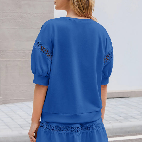 Womens Dark Blue Lace Trim Puff Sleeve Two Piece Skirt Set Fisoew - Fisoew