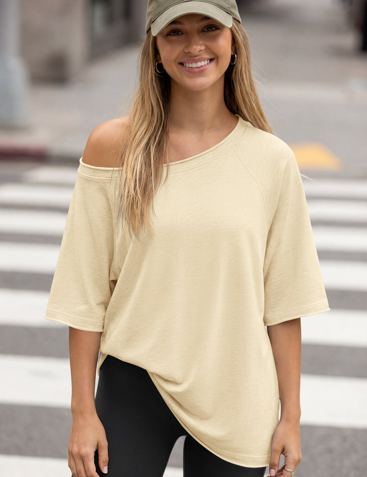 Fisoew Women's Beige Off The Shoulder Tops Oversized  T-Shirts - Fisoew