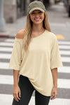 Fisoew Women's Beige Off The Shoulder Tops Oversized  T-Shirts - Fisoew