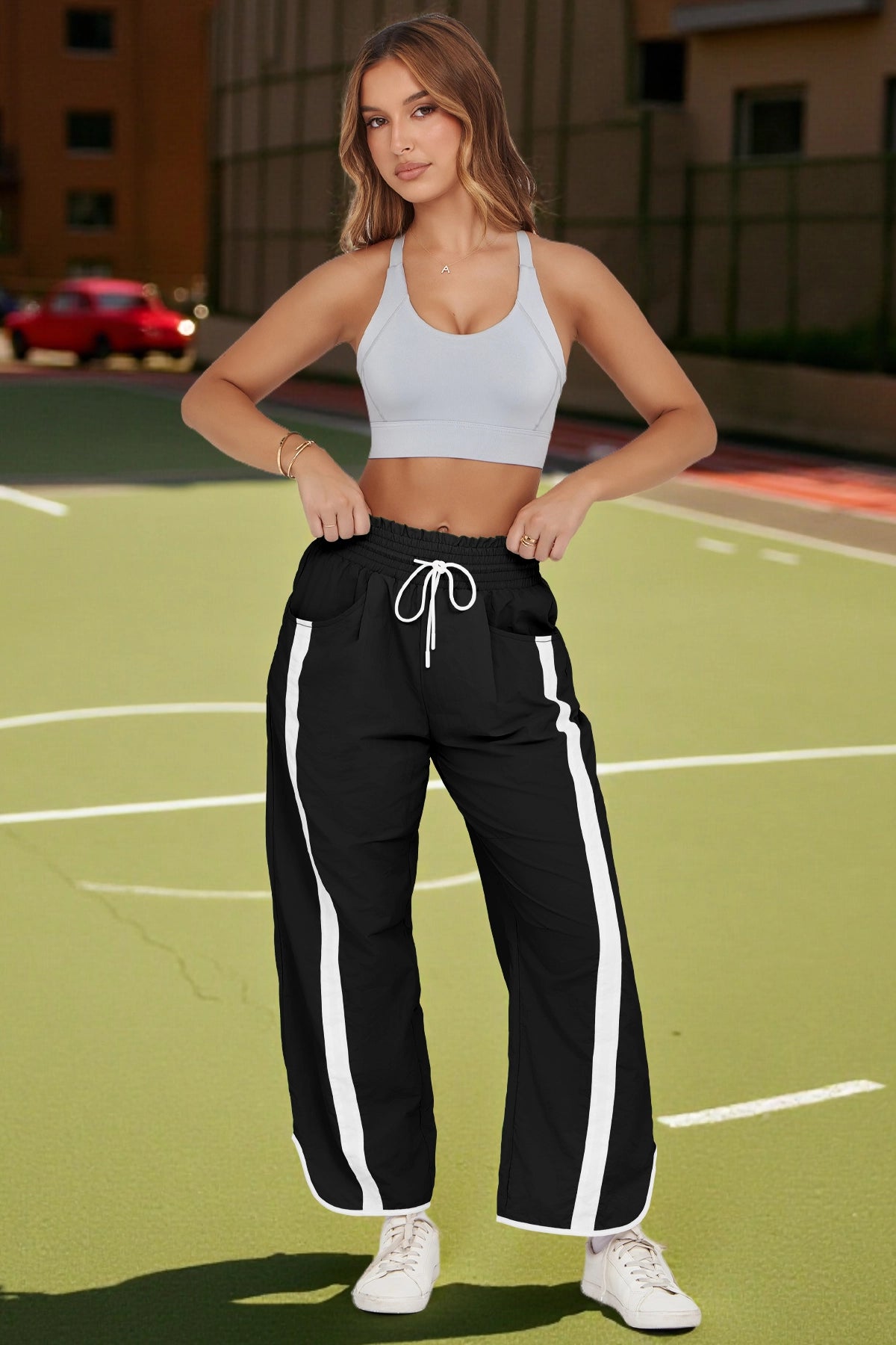Women's Black Drawstring Elastic Contrast Color Pants Fisoew - Fisoew
