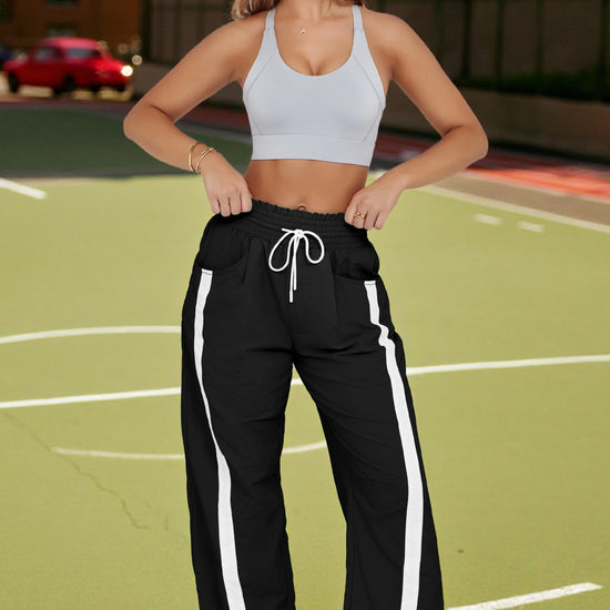 Women's Black Drawstring Elastic Contrast Color Pants Fisoew - Fisoew