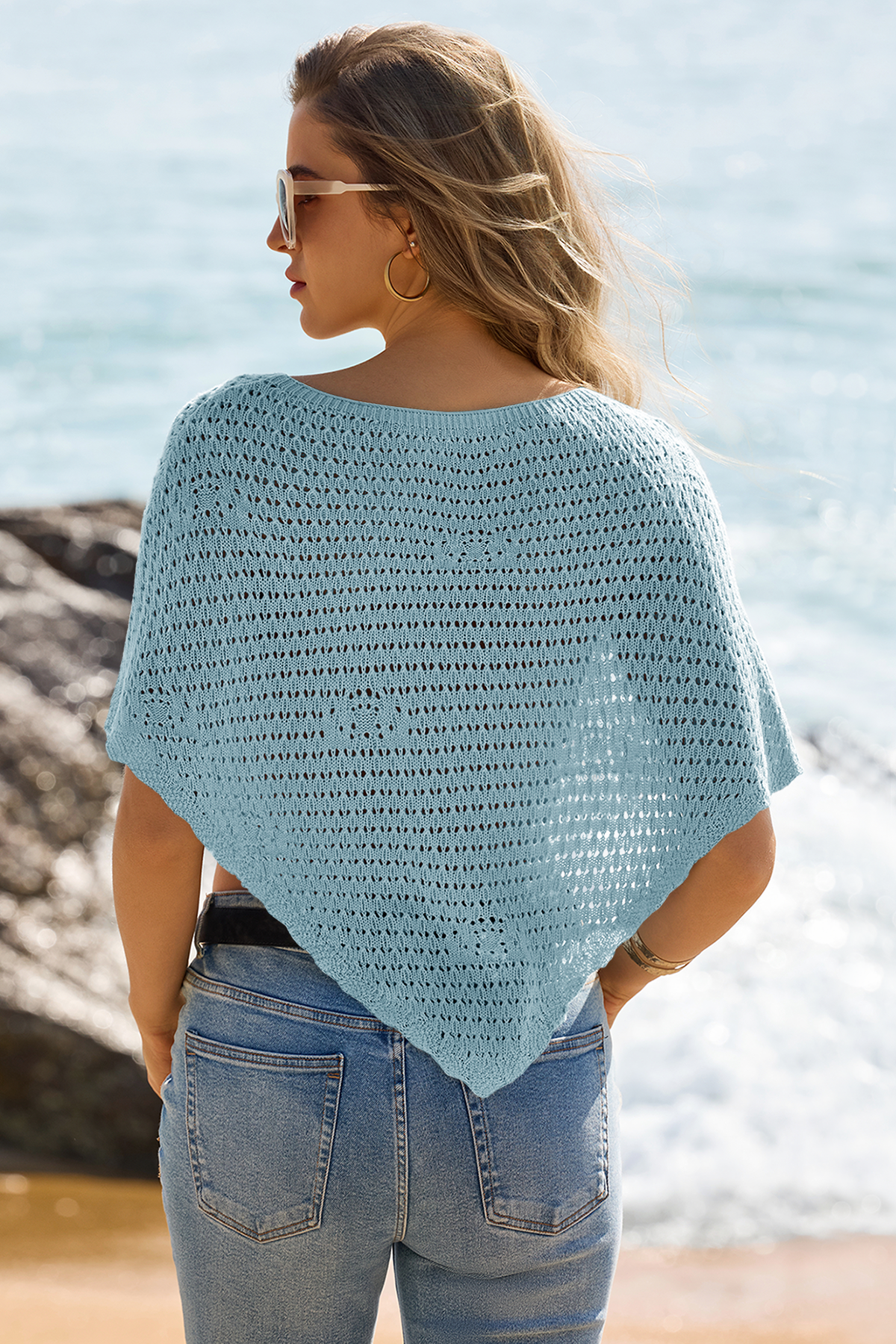 Fisoew Women's Sky Blue Sheer Shawl Boho Crochet Cover Ups - Fisoew