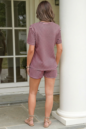 Womens Black Pink Striped Knit 2-Piece Short Sleeve Loungewear Set Fisoew - Fisoew