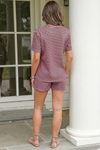 Womens Black Pink Striped Knit 2-Piece Short Sleeve Loungewear Set Fisoew - Fisoew