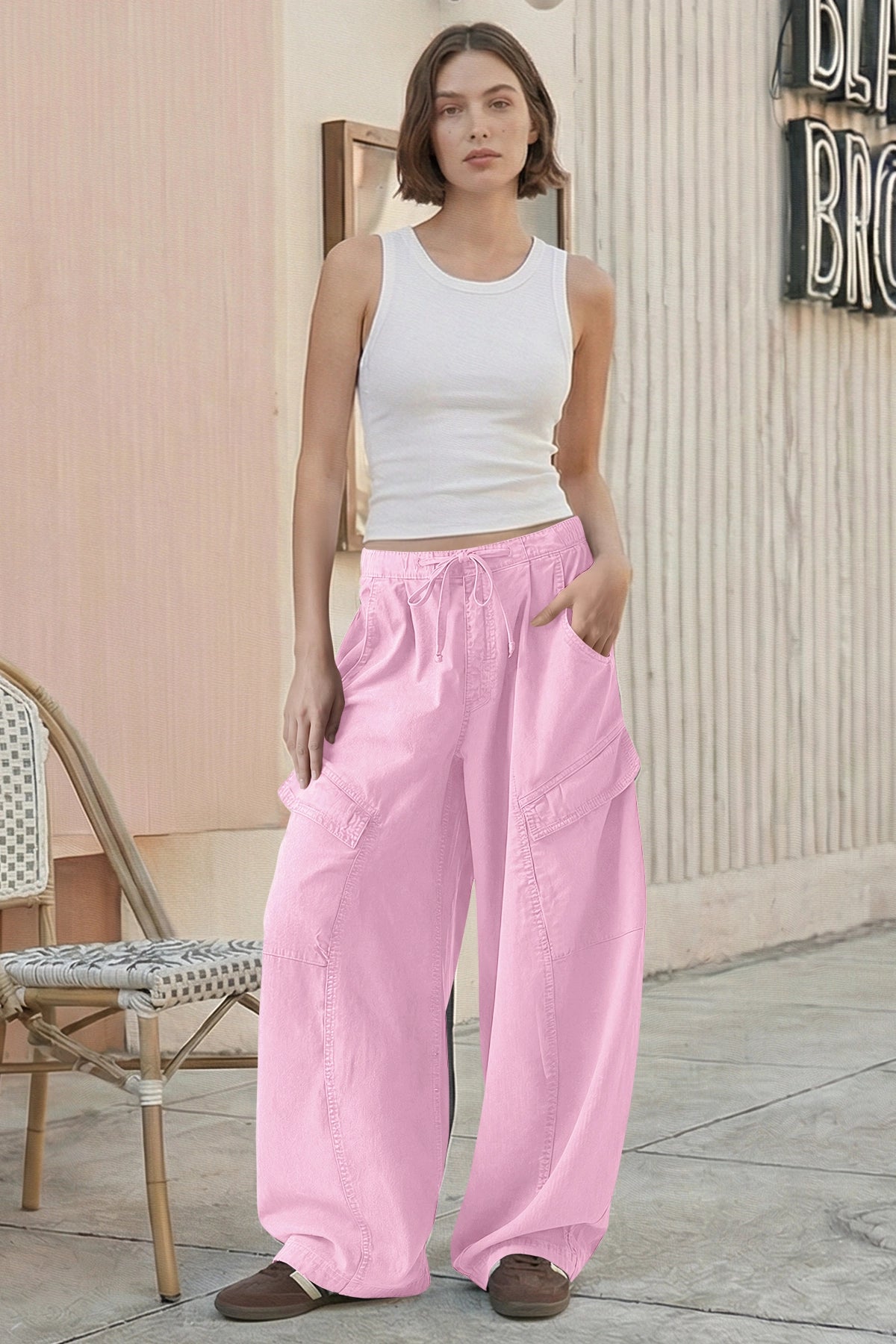 Fisoew Women's Pink Barrel Baggy Cargo Pants - Fisoew