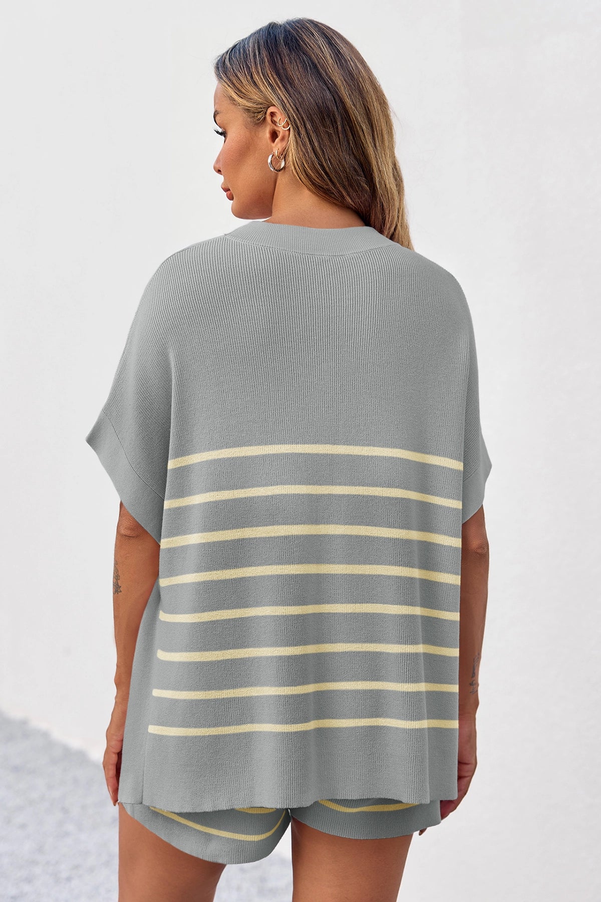 Fisoew Women's Light Grey Striped Oversized Lounge Short Sets - Fisoew